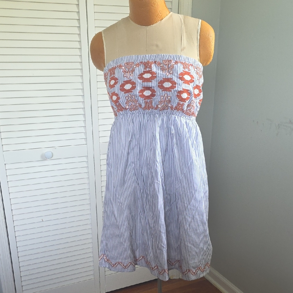 Joy Joy Boho Embroidered Stripe Midi Dress L Blue White Cotton Blend